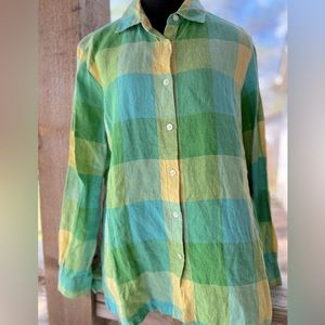 Vintage Pendleton Green Plaid 100% Linen Button Front Shirt